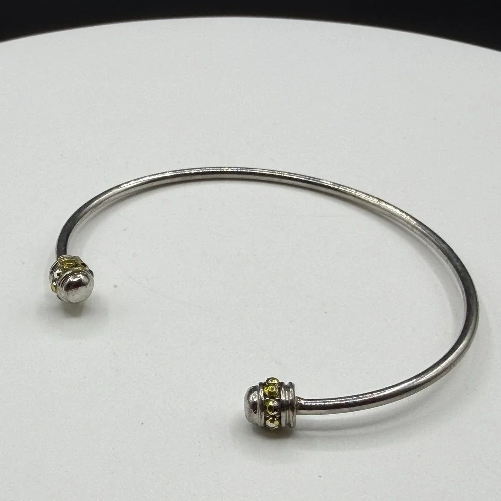 Silver Tone Open Cuff Bracelet Yellow Crystal Beaded End Caps Minimalist Jewelry